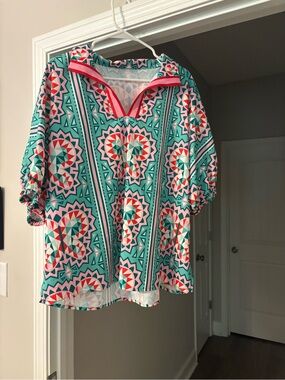 Women's Teal Geo-Print Pullover Top with Coral Accents